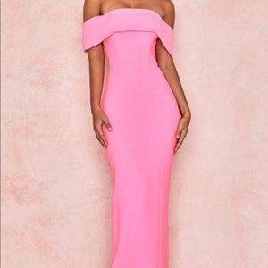 House of Cb Pink crepe off shoulder maxi